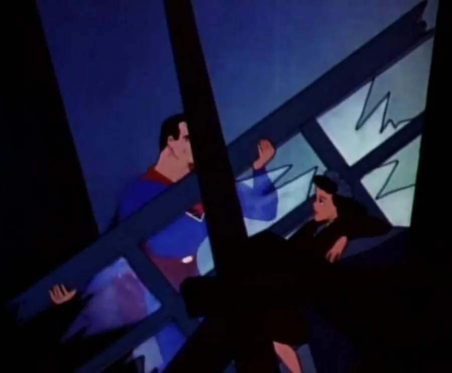 Superman in flight in a scene from the 1940s Fleischer Studios cartoons