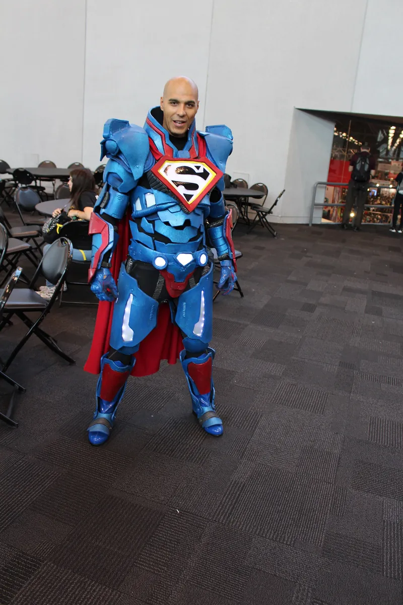 A modern Superman costume photographed at New York Comic Con in 2017